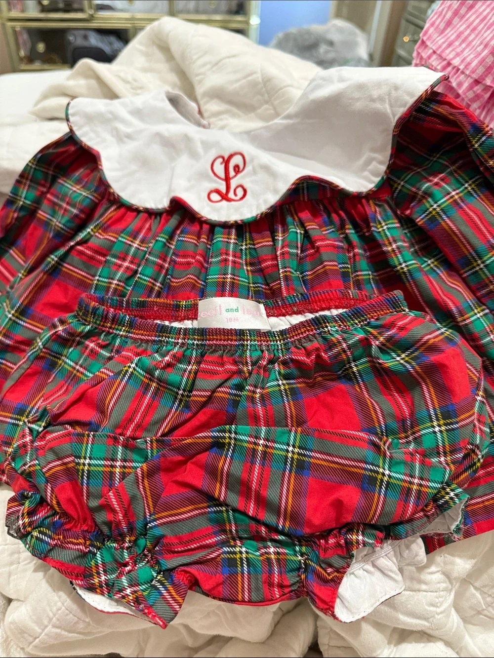 Classic Red Tartan Baby Bloomer Set with White Peter Pan Collar